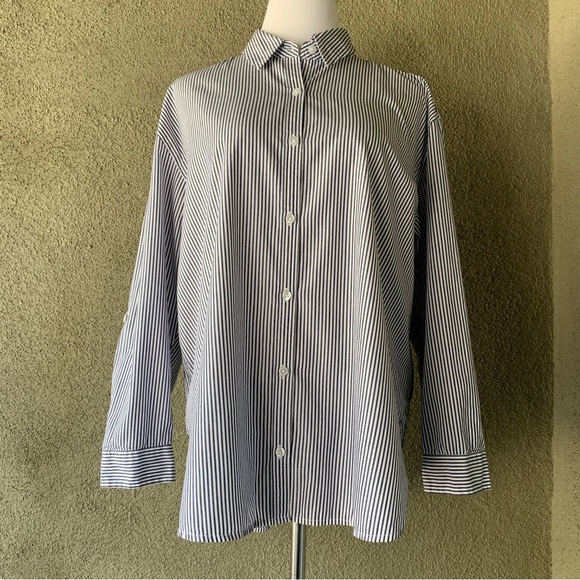 “Gloria Vanderbilt” Navy & White Railroad Stripe Cotton Button-down Shirt size L - Picture 10 of 13